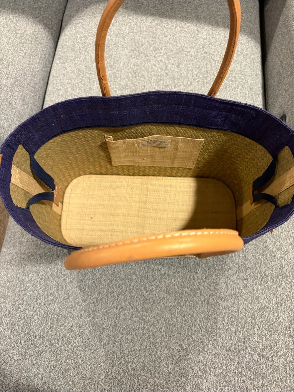 SHEBOBO Santorini MediumStriped Blue and Natural Straw Tote Bag with Tan Handles
